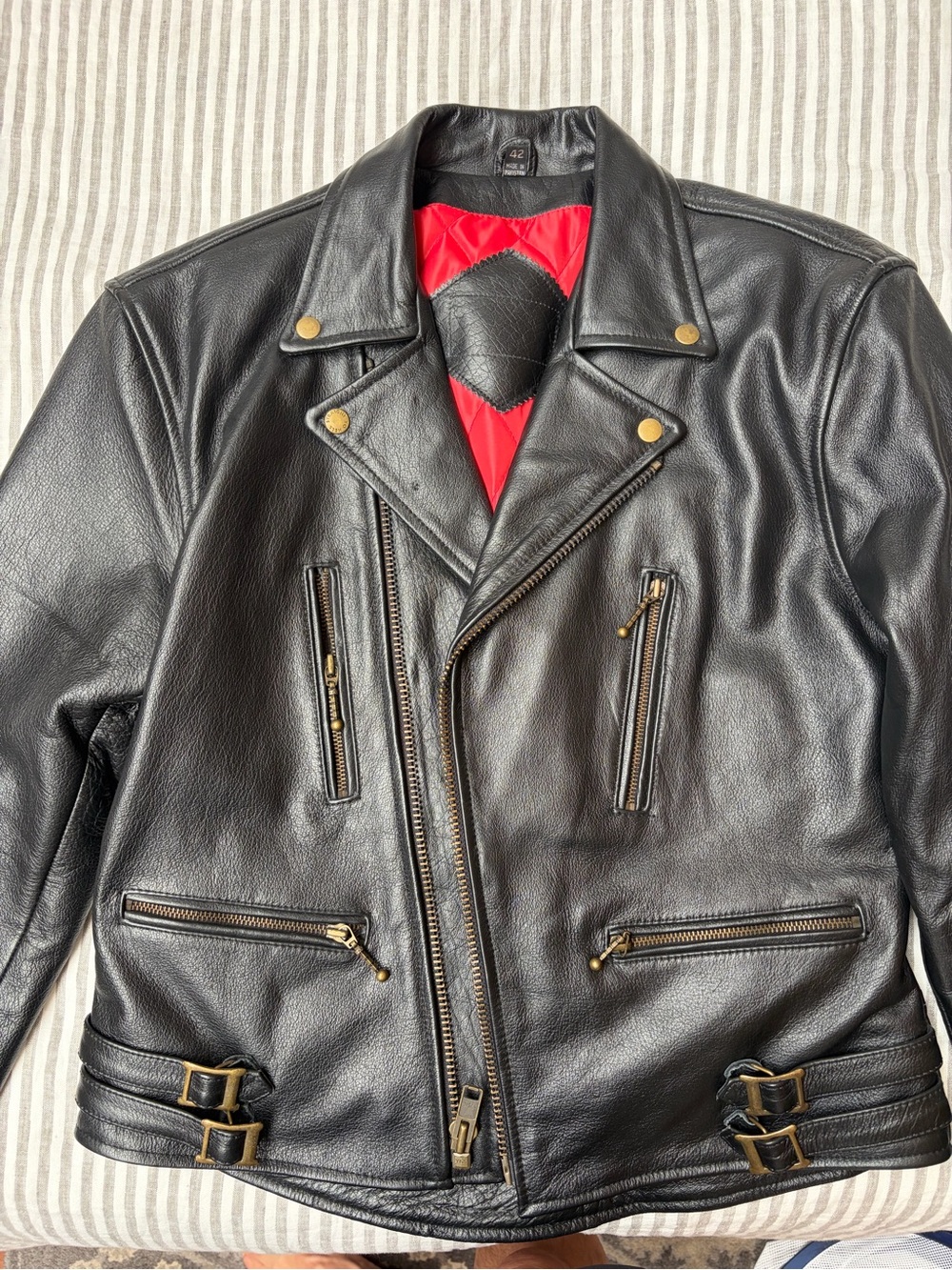Men's Black Leather Moto Jacket with Red Lining